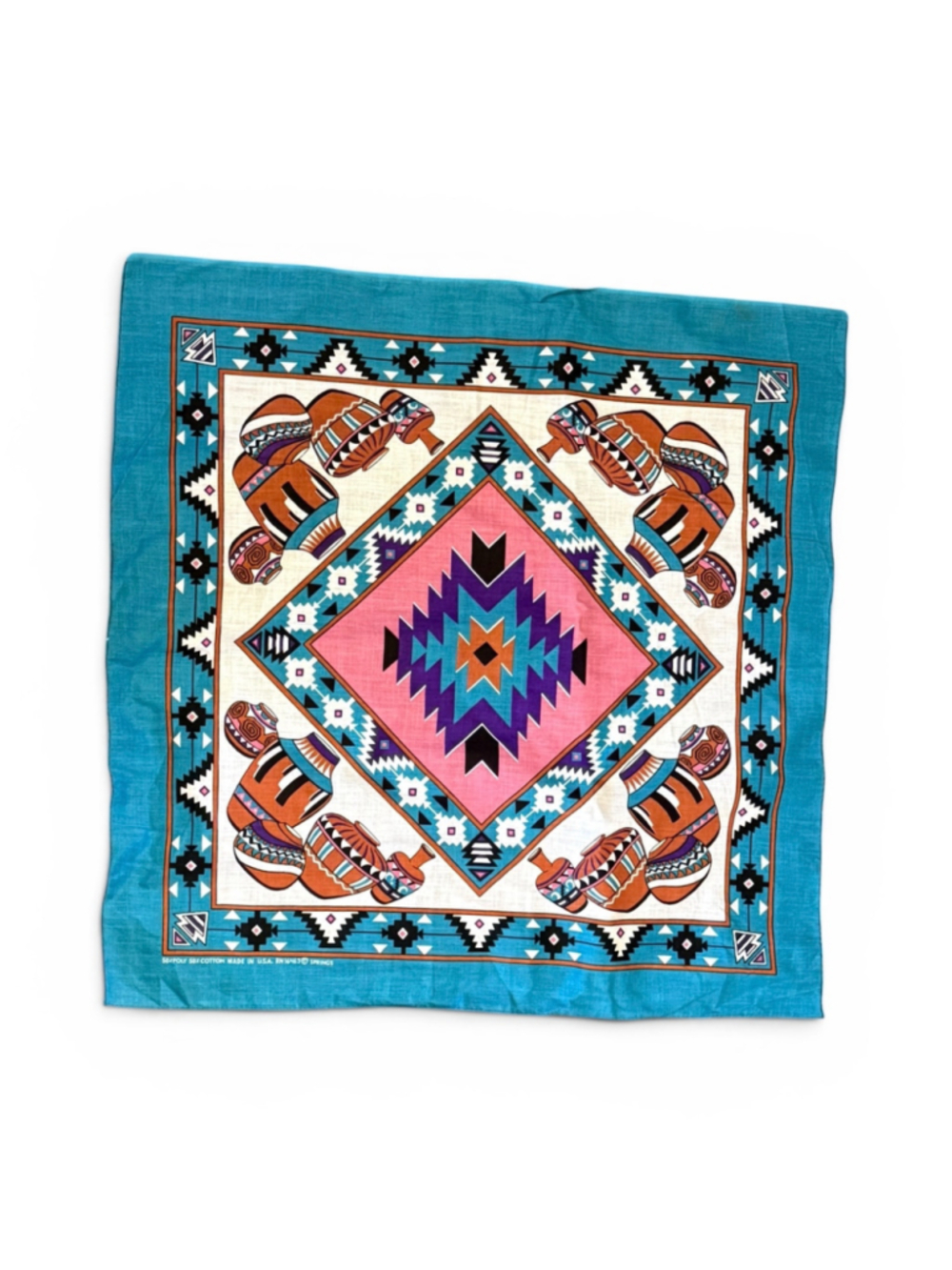 Vintage 80s Springs Southwestern Pottery Bandana Turquoise USA RN16463 21x21